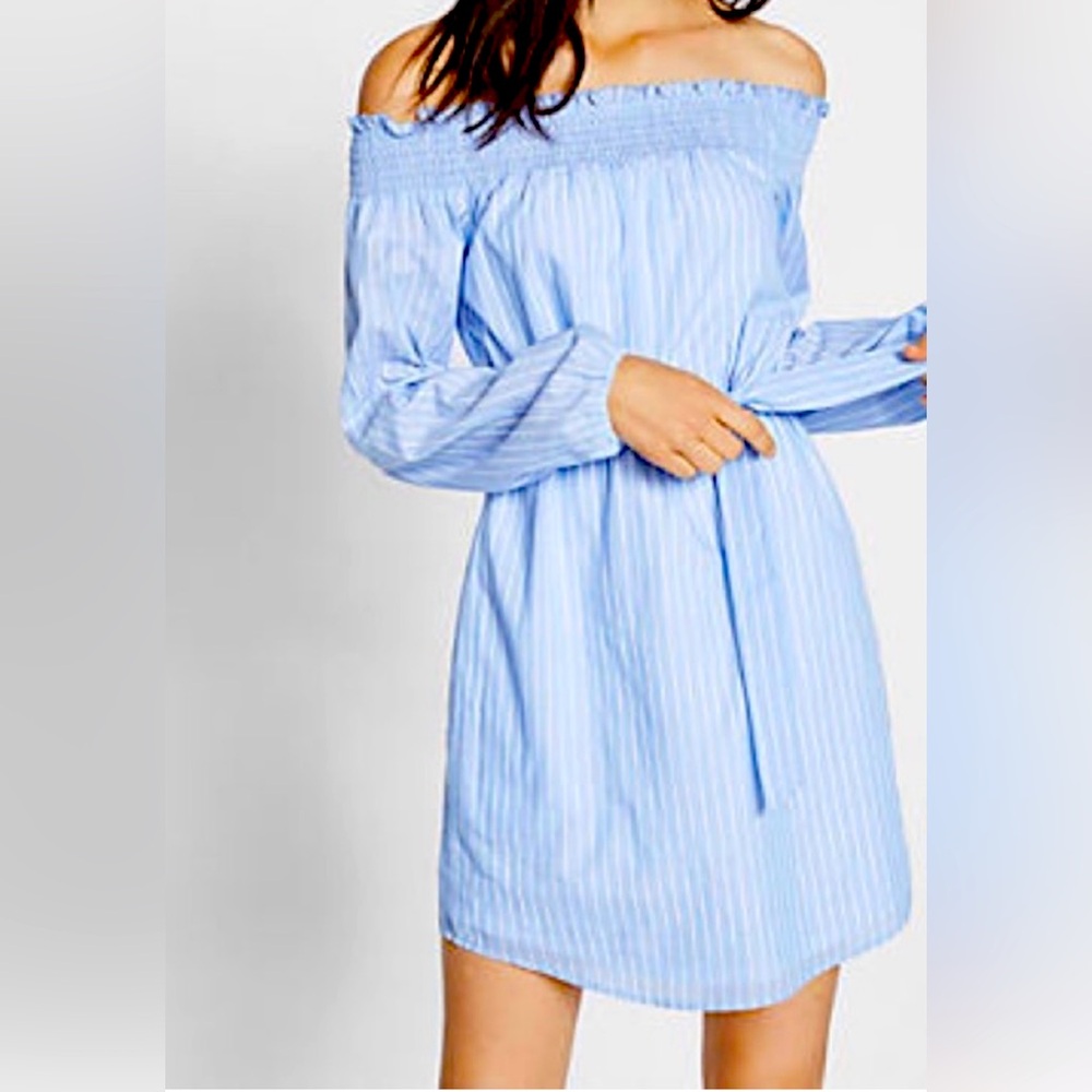 Express Blue and White Bishop Sleeve Off-Shoulder Sundress